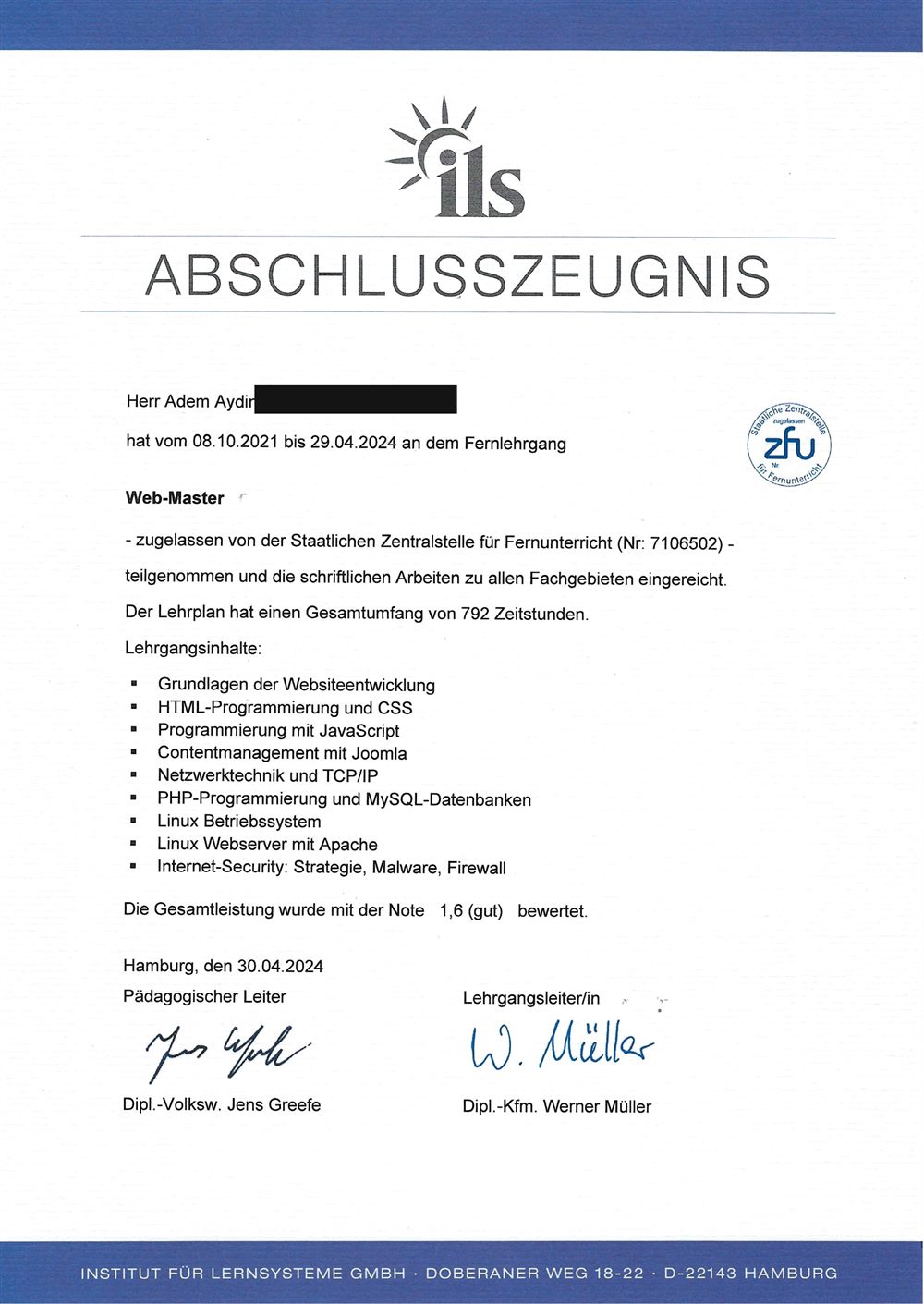 Abschlusszeugnis Geprüfter Web-Master (ILS), Note 1,6